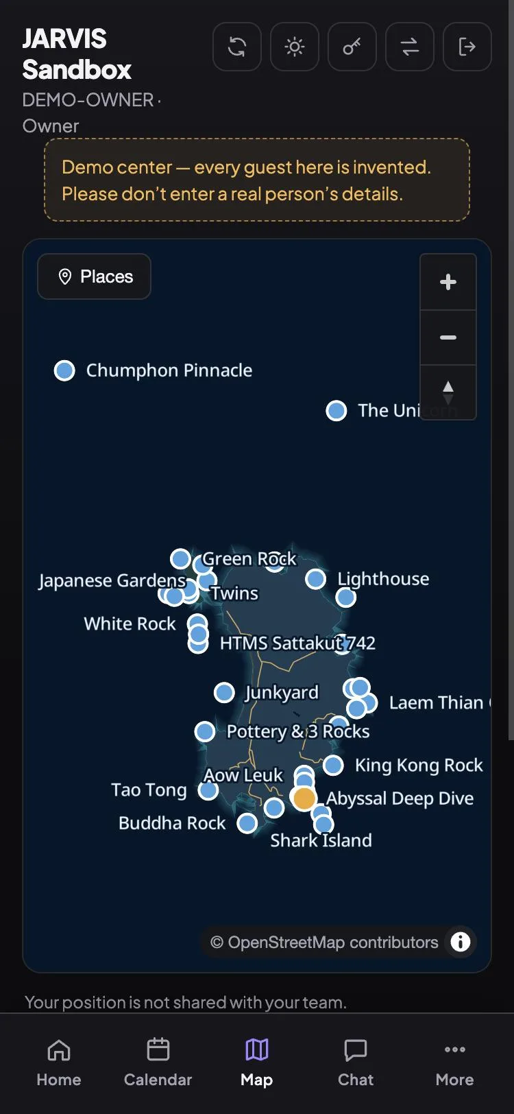 The JARVIS App map of Koh Tao dive sites